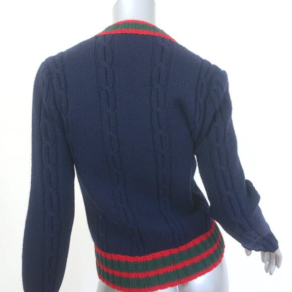 Gucci Bee-Embroidered Cardigan Navy Wool Ribbed Knit Size Small V-Neck Sweater - Picture 6 of 10